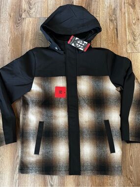 Pendleton Black Hooded Jacket with Brown Plaid Panel New